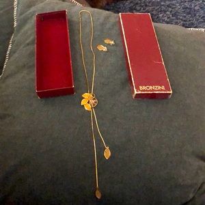 Bronzini 14 kt gold overlay Leaf and Crystal  Necklace and Earrings